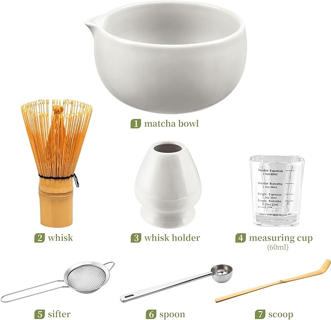 YIBO Matcha Whisk Set White, Matcha Set Kit Includes Ceramic Matcha Bowl, Bamboo Whisk, Scoop, Measuring Spoon & Cup, Chasen Holder, Sifter Tool