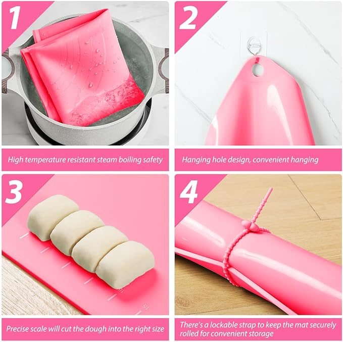 Silicone Pastry Mat 24"*16" Extra Thick Non Stick Baking Mat Food Grade Silicone Dough Rolling Bake Mat with Edge Heightening Pink