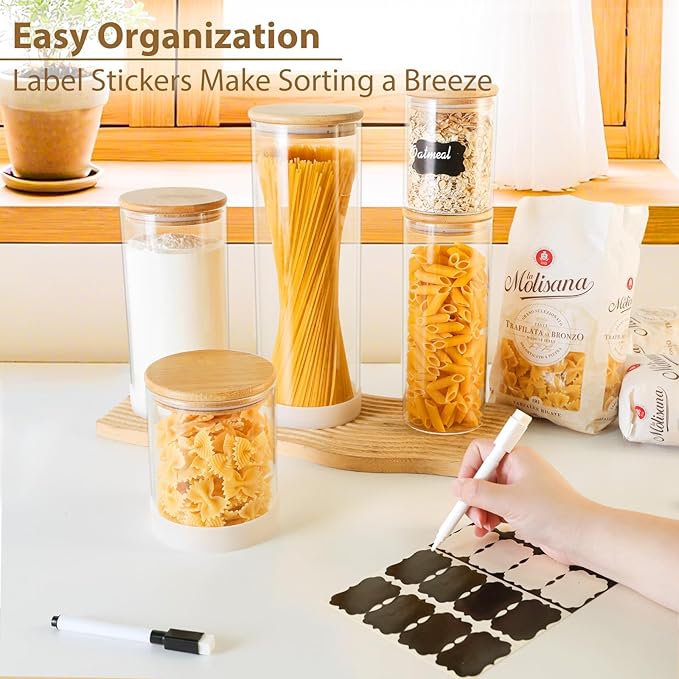 TBWIND Glass Storage Containers with Bamboo Lids – 7 Pack Airtight Clear Glass Jars in Mixed Sizes (17oz/25oz/34oz/53oz/73oz) for Pantry Organization, Kitchen Dry Food, Coffee, Flour, Pasta & Snacks