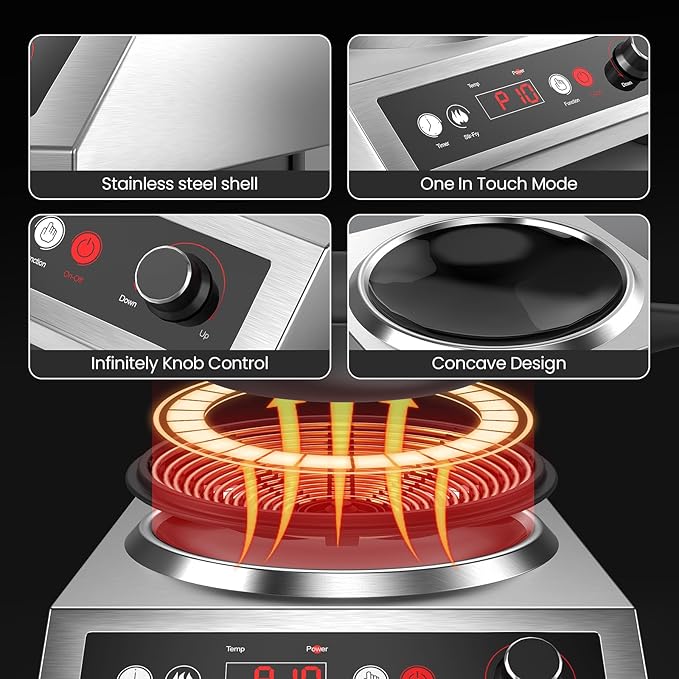 1800W Electric Wok Used For Home And Commercial,Induction Wok With Concave Surface Stainless Steel Strong Power Dual Control Mode 10 Power And Temp 24H Timer Induction Cooktop For Cooking