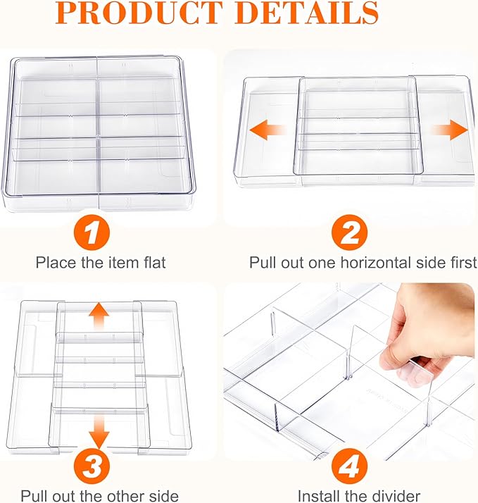 Briwooody 2 Pcs Large Expandable Acrylic Drawer Organizers, Grid Adjustable Drawer, Dividers Organizer for Desk, Makeup, Jewelry, Office, Kitchen Supplies (Clear,15 Compartments)
