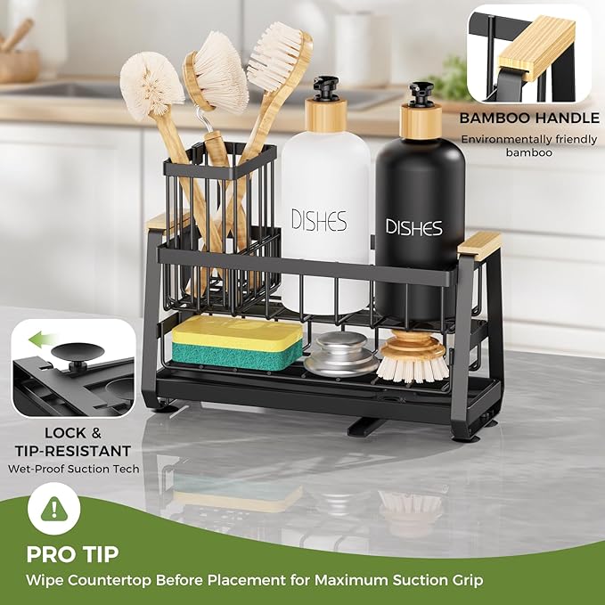 Sponge Holder for Kitchen Sink, Kitchen Sink Caddy with Suction Cup, Sink Organizer Rack for Kitchen Accessories, 304 Stainless Steel Dish Scrubber Holder Self Draining for Sponge, Soap, Dish Brush
