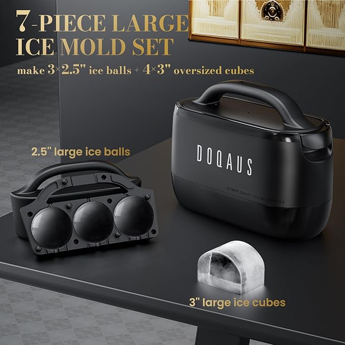 DOQAUS Clear Ice Ball Maker, 2.5 Inch Clear Ice Cube Maker, 2-in-1 Mold Creates 7 Spheres & Cubes for Whiskey, Slow Melting Round Ice Cube Mold for Cocktails & Home Bar Gifts