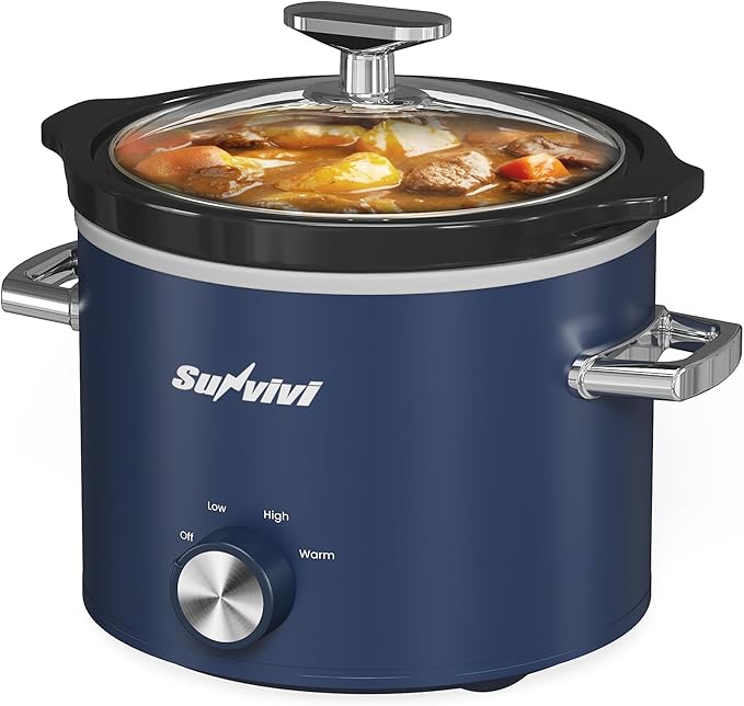 Sunvivipro 2QT Small Slow Cooker with Removable Ceramic Pot, Food Warmer with 3 Heating Settings & Dishwasher Safe Glass Lid, Blue