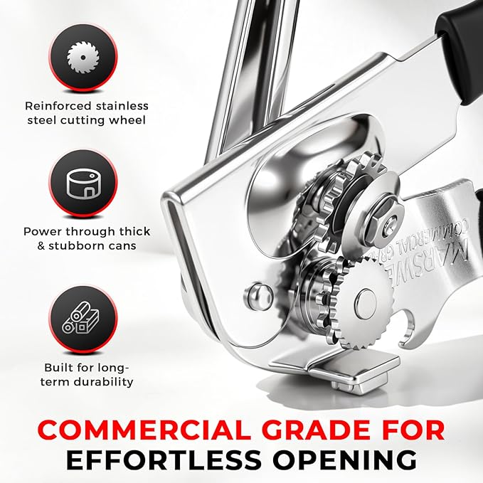 MARSWELL Heavy Duty Can Opener for Large Cans, Extra-Long Handles & Oversized Knob for Easy Cranking, Commercial Manual Hand Crank Opener Opens Big #10 Cans Smoothly, Strong All-Steel Construction
