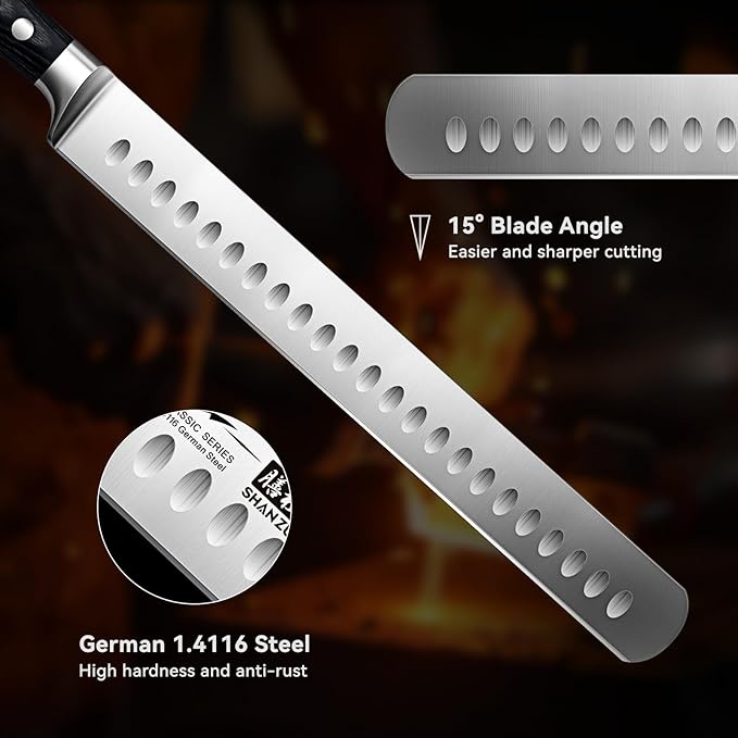 SHAN ZU 12" Brisket Slicing Knife - Carving Slicing Meat Knife Professional 5Cr15MoV Stainless Steel Razor Sharp Blade, Ergonomic Wood Handle & Full Tang Design