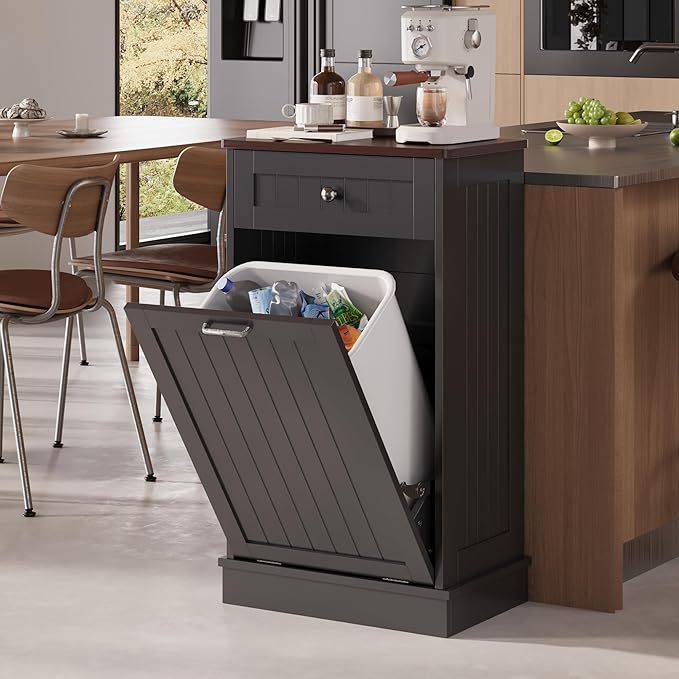 KIGOTY Tilt Out Trash Cabinet,Wooden Kitchen Trash Bin Holder Garbage Bin Recycling Cabinet Laundry Hamper with Solid Wood Countertop and Hideaway Drawer (Black)