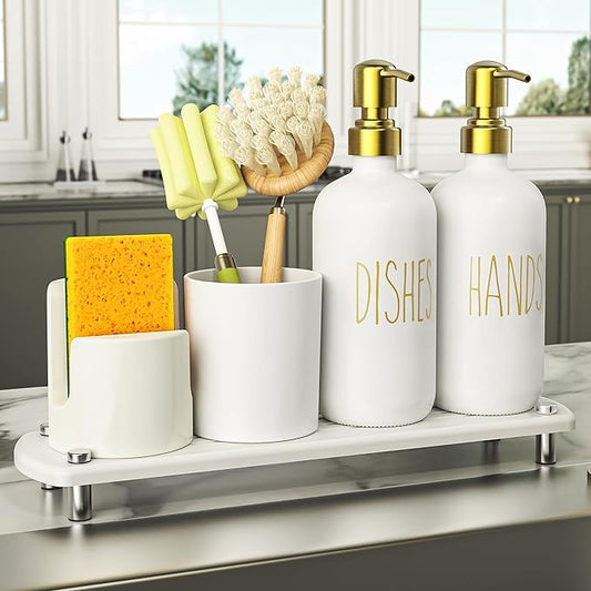 Cisily Kitchen Soap Dispenser Set Comes with Ceramics Sponge Holder, Gold Pumps, and Instant Dry Tray, Hand and Dish Soap Dispenser Set (5, Gold + White + Brush Holder + Sponge Holder)
