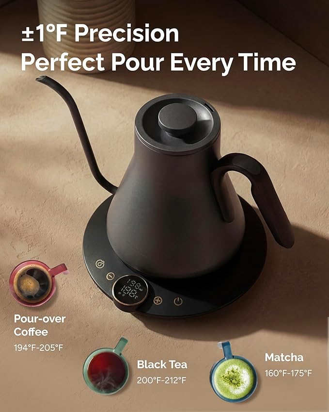 INTASTING Electric Kettle, Gooseneck Electric Kettle, ±1℉ Temperature Control, BPA-Free Stainless Steel Inner, Quick Heating, for Pour Over Coffee, Brew Tea, Boil Hot Water, 1500W/0.9L Dark Grey