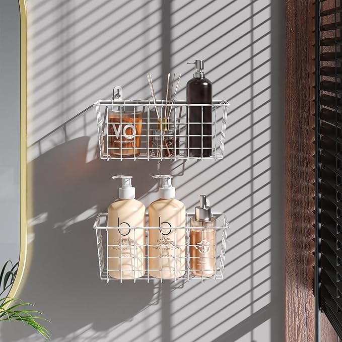 MaraFansie Hanging Kitchen Baskets Wire Storage Basket Adhesive and Screws Basket Over the Cabinet Door Organizer with Adhesive Strips and Screws Accessories, 4 Pack, White