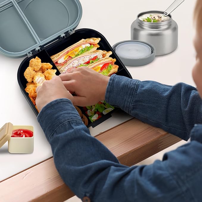 Bento Lunch Box for Kids with 12oz Soup Thermo,4 Compartments Lunch Box Containers Kids, Spoon&Sauce Jar, BPA Free&Leak proof,Insulated Food Jar for Travel(Black)