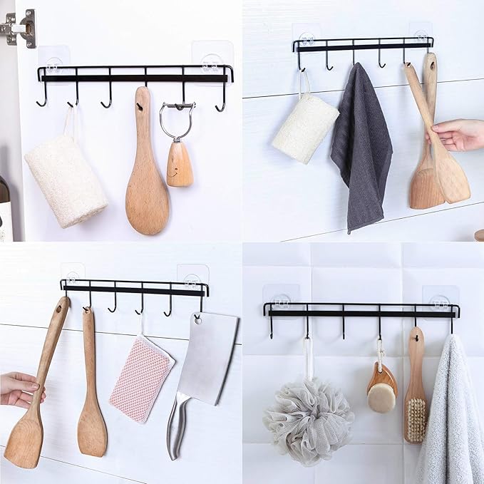 Rainmae 2 Pack Wall Hooks Rack Rail, Space Saving Wall Hanger No Drilling with 6 Hooks for Bathroom, Bedroom, Closet, Stainless Kitchen Tools for Hanging Knives, Spoon