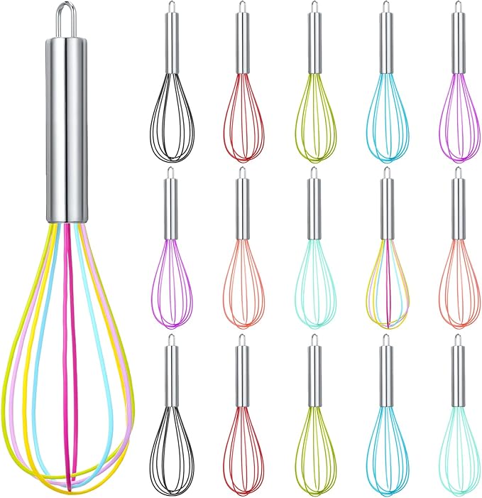 Domensi 16 Pcs 10 Inch Whisks Bulk for Cooking Silicone Whisks Non Scratch Stainless Steel Hand Coated Metal Heat Resistant Egg Beaters for Classroom Cook Party Favor Gift Supplies