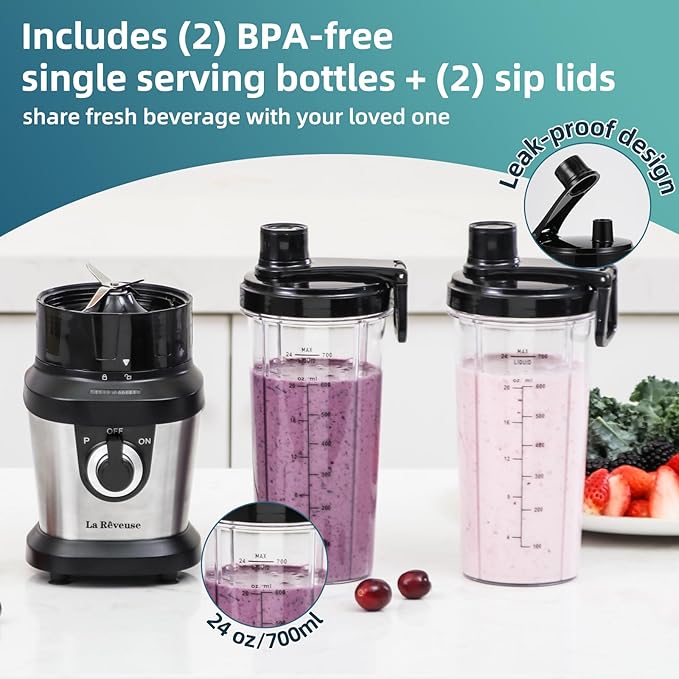 La Reveuse Personal Size Blender for Shakes Smoothies,400W, with 2 x 24 Oz Blending Cups and 2 Spout Lids,BPA-free