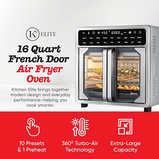 Kitchen Elite 16 Quart French Door Air Fryer Oven – Family Size Countertop Convection Cooker with LED Display, Stainless Steel