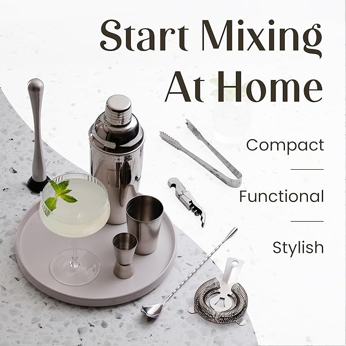 Modern Mixology 21-Piece Cocktail Shaker Set with Stand | Complete Cocktail Kit Gift Set | Top Bartender Gifts for Men & Women | Portable Bar Tools (Silver, Brown Stand)