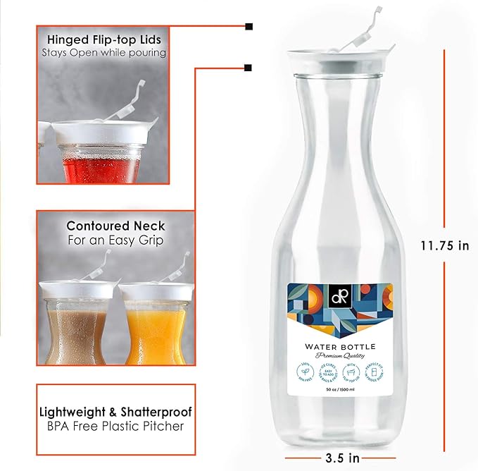 DecorRack Large Water Carafes, Bottle with Flip Top Lid, 50 Oz -BPA Free- Plastic Juice Pitcher, Decanter, Jug, Serve Fridge Cold Iced Tea, Water, for Outdoors, Picnic, Parties, Clear (1 Pack)