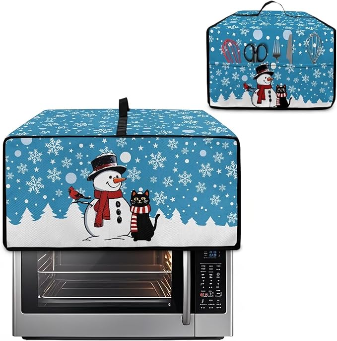 Microwave Oven Cover Air Fryer Toaster Oven Dust Cover, Stain-resistant Small Electric Appliance Protector, M, Snowman Black Cat Snowflake Blue Christmas Decorations