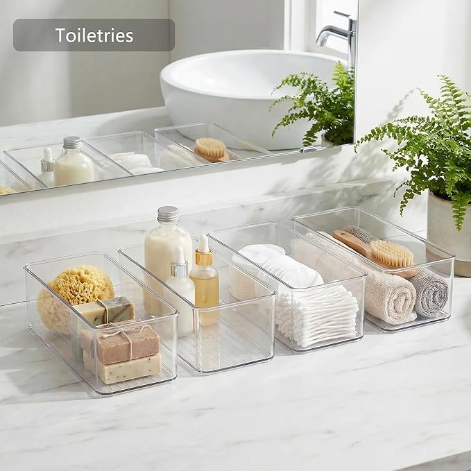 8 PACK Drawer Organizer Bins Bathroom Deep Drawer Organizer Tray for Cutlery Vanity Make-up, Clear Stackable Storage Bins for Kitchen Cabinet Closet Counter Organization and Storage