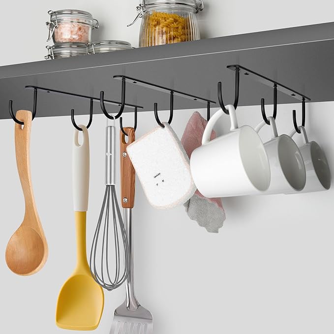 3pcs Under Cabinet Mug Hooks,Adhesive/Screw 2 Ways Install Mug Holder,Coffee Cups Hook with 9 Hooks,Mug Organizion Rack for Displaying Mugs/Cups/Kitchen Utensils (Black)