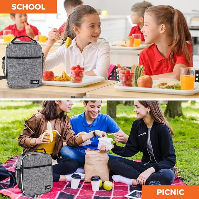opux Premium Insulated Lunch Box, Soft School Lunch Bag for Kids Boys Girls, Leakproof Small Lunch Pail Men Women Work, Reusable Compact Cooler Tote Lunchbox for Office Adult, Light Grey
