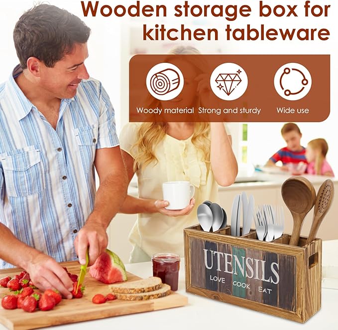Wood Utensil Holder Practical Utensil Holder with 4 Compartments for Oil Bottle Spatula Cutter and Fork