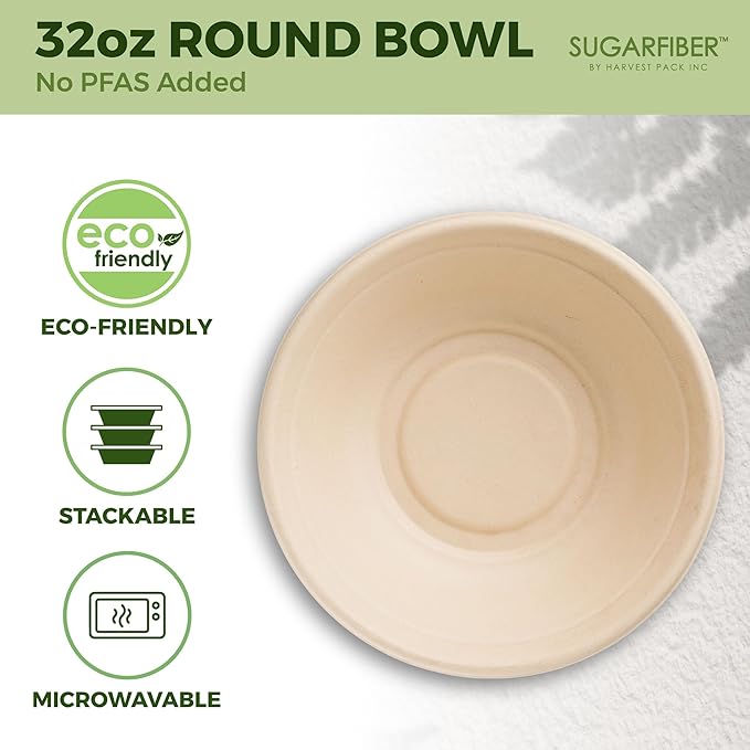 [50 COUNT]Harvest Pack PFAS FREE 32oz Round Paper Bowls, Compostable Heavy-Duty Eco-Friendly Disposable Bagasse Large Soup Bowls, sugarcane made for Meal Prep Takeout Dinnerware, Microwave Safe