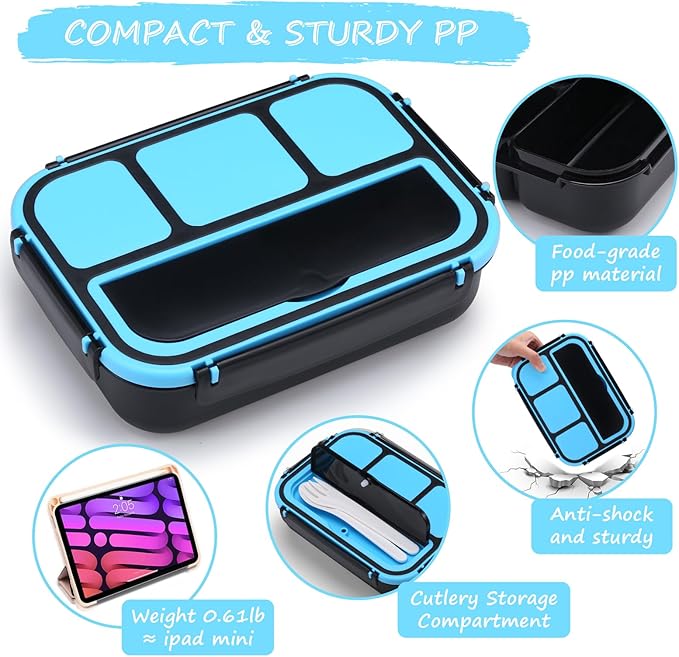 QQKO Bento Box for Kids Adults, School Toddler Lunch Box for Boys Girls, Lunch Box Containers with 4 Compartments, Sauce Container, Utensils, Food Picks and Muffin Cups for School, Black Blue