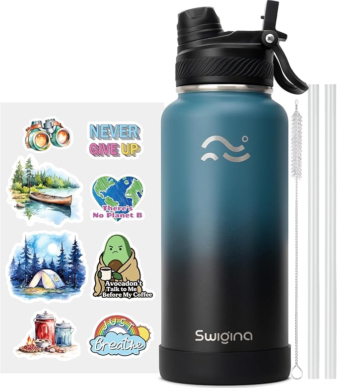 Swigina [2-IN-1 LID] Insulated Water Bottle with Silicone Boot (36hrs Cold/18hrs Hot) - DIY Stickers, Leakproof, BPA Free, 32 oz