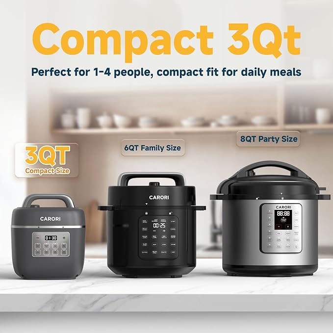 3QT Electric Pressure Cooker, 8-Function Compact Multi-Cooker with Ceramic Nonstick Pot – Saute, Pressure Cook, Slow Cook, Meat Stew, Rice, Delay Start, Keep Warm & Safe Venting, Gray