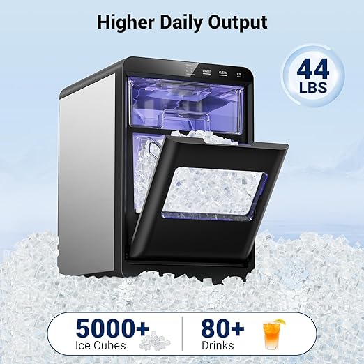 Nugget Ice Maker, 44lbs/24h Ice Makers Countertop, Soft Ice Ready in 5-10Mins Nugget Ice Maker Countertop, Self-Cleaning Pellet Ice Maker for Home, Kitchen, Office, Party
