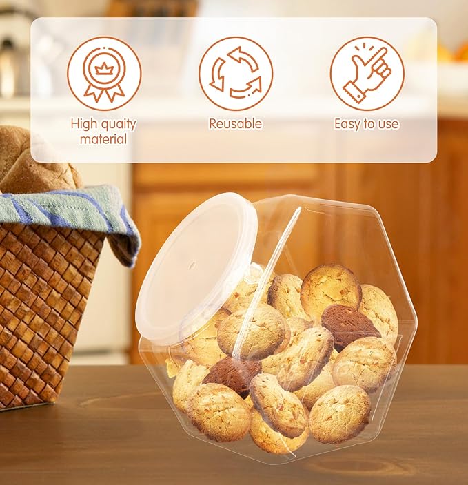 Woozettn 3 Pcs Plastic Candy Jars,Clear Cookie Jars 71 Oz for Kitchen Counter,Hexagon Cookie Jars with Lids,Plastic Dry Food Jar for Candy Buffet