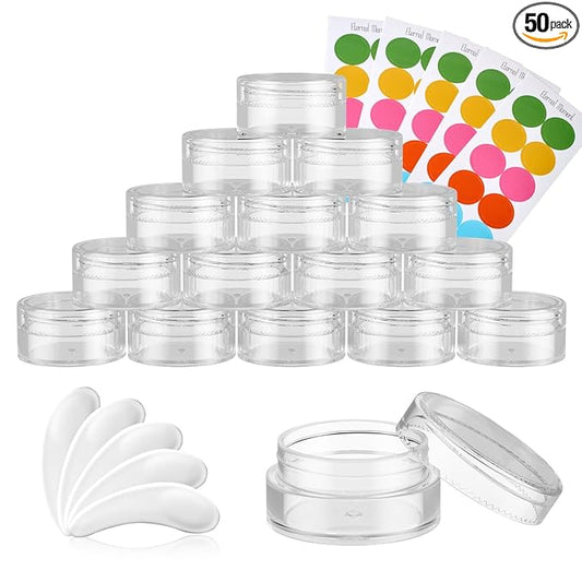 50 Pack 5 Gram 0.17OZ Clear Plastic Containers with Transparent Lids, Small Round Cosmetic Jars Makeup Travel Containers Jar for Cream, Bead, Eye Shadow, Samples, Lotions, Powders, Lip Gloss