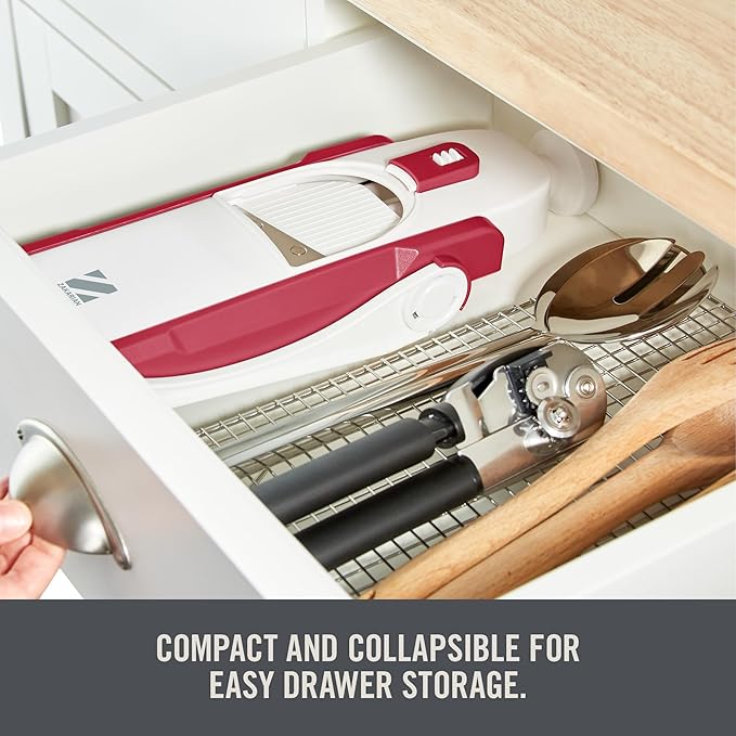Zakarian by Dash Safe Slice® Mandoline - Features Thickness Adjuster, Stainless Steel Blades, and Foldable, Easy-To-Store Design - Cranberry