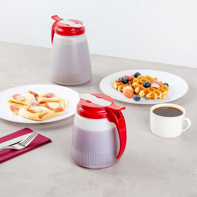 Restaurantware-Chef 101 32 Ounce All Purpose Syrup Dispenser, 1 Honey Dispenser - Red Top, Stainless Steel Slide Cover, Plastic Pancake Syrup Bottle, Perfect For Diners, Restaurants, Home