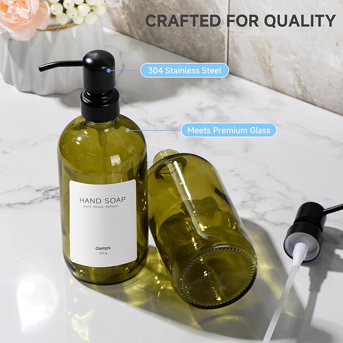 2 Pack Kitchen Soap Dispenser Set - 16oz Green Glass Dish and Hand Soap Dispenser with Stainless Steel Pump, Instant Dry Tray, Dish Brush & Holder, Refillable Countertop Sink Decor for Kitchen & Bath
