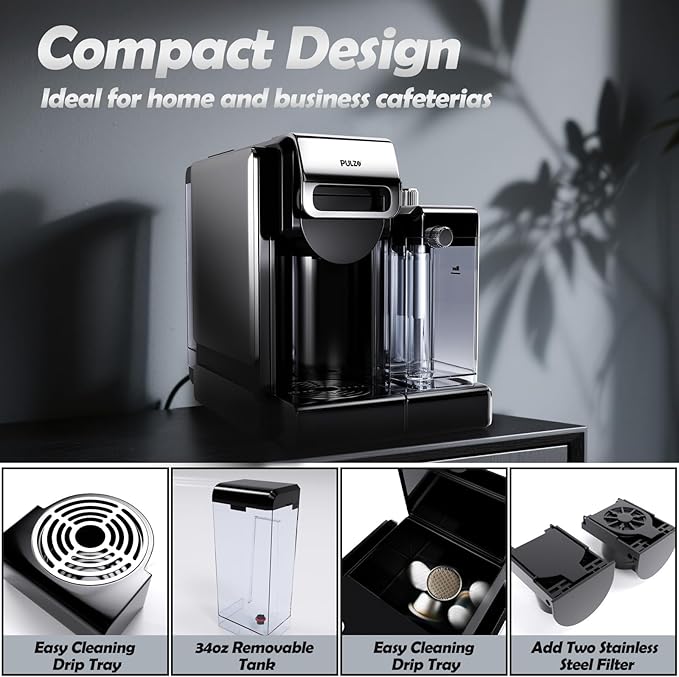 PULZO Espresso Machine with Integrated Automatic Milk Frother, capsule coffee maker for K*cup capsule/Ne*s Original/coffee powder, One Touch Latte & Cappuccino