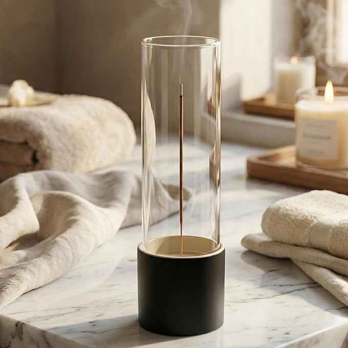 CEREMONY Incense Holder, Ceramic Incense Holder for Sticks with Glass Ash Catcher, Anti-ash Incense Burner with 20 Incense Sticks and a Ash Brush for Meditation Yoga Spa Room Decor (Black)