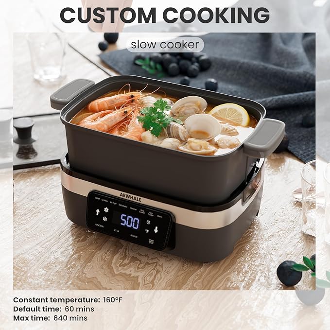 AEWHALE Multifunctional Electric Skillet with Grill|8 Cooking Functions|Removable Non-Stick Plate+Pot+Lid,1500 W Digital Family Size Griddle