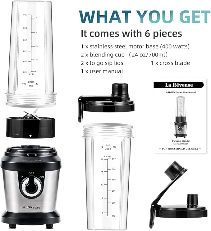 La Reveuse Personal Size Blender for Shakes Smoothies,400W, with 2 x 24 Oz Blending Cups and 2 Spout Lids,BPA-free