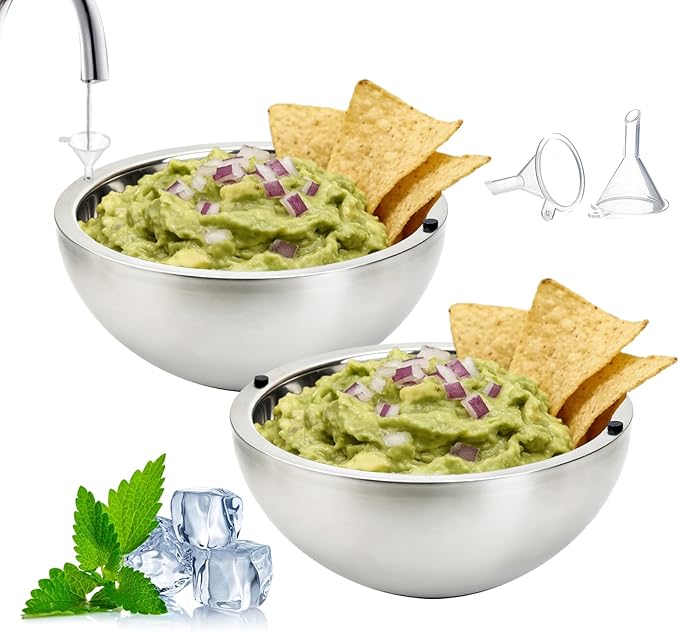 Dip Chiller Bowl 2 Pack- 70 OZ Large Capacity, Frozen Ice Stainless Steel Insulated Party Serving Bowl, Salad Pod for Parties Salsa, Guacamole, Condiments, Sauces, Keeps Food Hot or Cold
