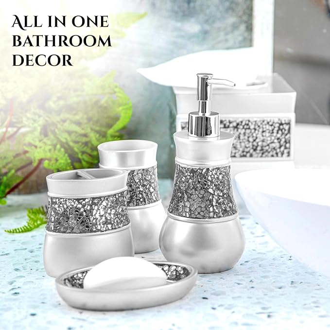 Creative Scents Crackled Glass Silver Bathroom Accessories Set - 6 Piece Bathroom Set Includes: Toilet Brush and Holder Set, Tissue Box Cover, Toothbrush Holder, Soap Dispenser, Soap Dish & Tumbler