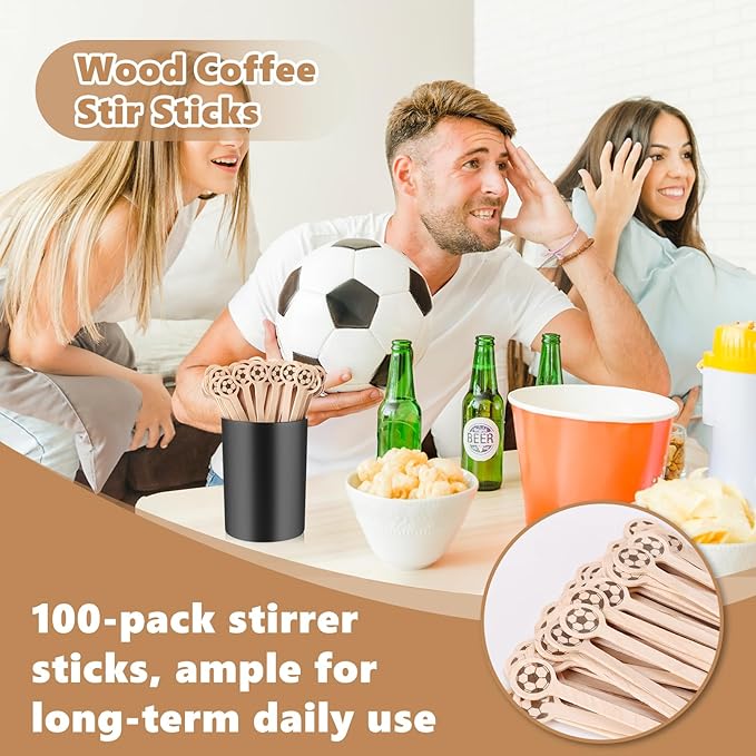 100 Pcs Soccer Coffee Stir Sticks and Holder Coffee Stirrers Wood 6 Inch Soccer Swizzle Sticks Tea Stirrers Disposable Round End Cocktail Stirrers Black Coffee Stirrers Holder for Soccer Party Favors