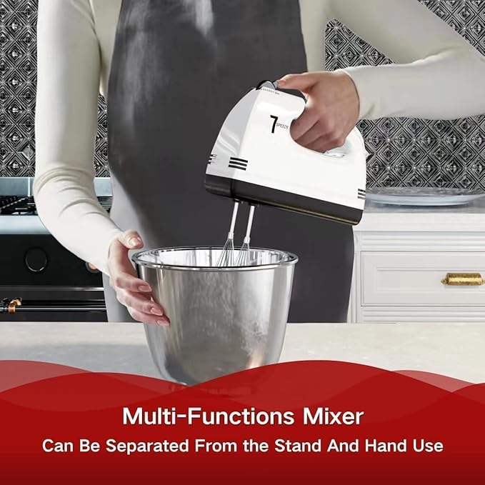 Stand Mixers, 7 Speeds With 3QT Stainless Steel Bowl, Stand and Hand Mixer with Dough Hook, Whisk, Mixing Beater for Baking, Cake, Cookie, Kneading (VL1)
