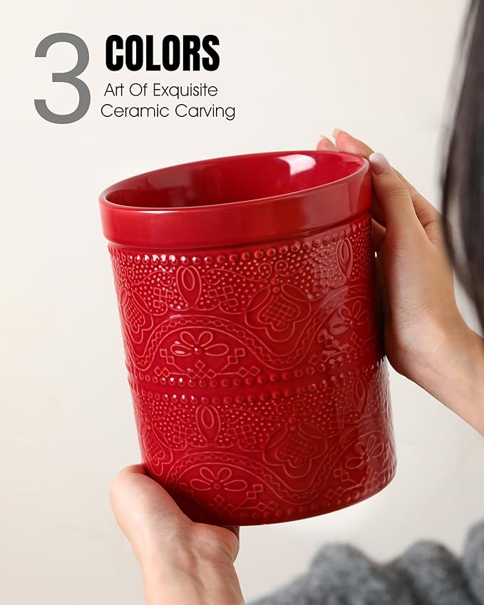 FUN ELEMENTS Kitchen Utensil Holder, 7.2+5.5" Super Large Utensil Crock Heavy and Stable Lace Emboss Ceramic Utensil Holder for Kitchen Counter (2Pcs Christmas Red)