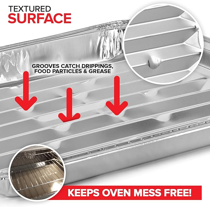 Stock Your Home Disposable Aluminum Foil Broiler Pan for Oven (25 Pack) Sheet Pans for Grilling, Roasting Rack, Trays with Ribbed Surface for BBQ Grill-Like Texture