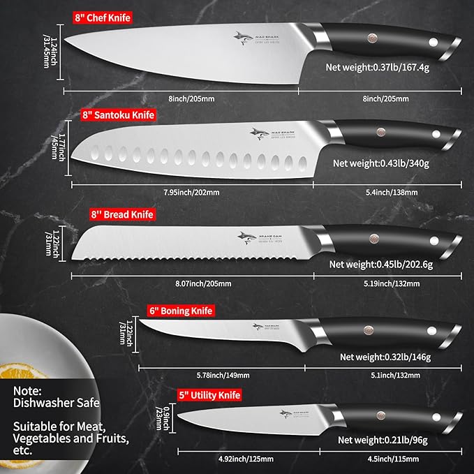 MAD SHARK Kitchen Knife Set, Professional Kitchen Knives 5PC Chef Knife Sets, German High Carbon Stainless Steel, Ultra Sharp Cooking Knives with Gift Box