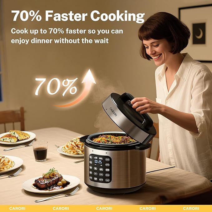 CARORI 9-in-1 Electric Pressure Cooker, 1000W Instant Multi-Cooker with IMD Touchscreen, Olla de Presion, Non-Stick Pot, Rice Cook, Slow Cook, Steamer, Sauté, Warmer, Safe Venting, Silver 8 Qt