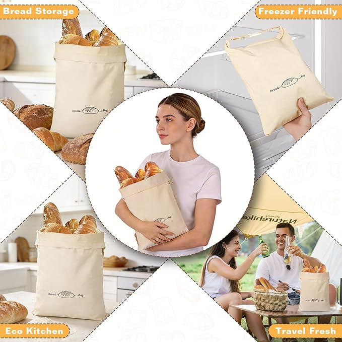 2 Pack XL Reusable Beeswax Bread Bags for Sourdough Baking, Organic Waxed Lined, Cotton Bread Bags for Homemade Bread, Food-Storage Bag to Keep Fresh