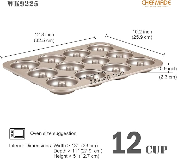 CHEFMADE Donut Mold Cake Pan, 12-Cavity Non-Stick Ring Doughnut Bakeware for Oven Baking (Champagne Gold)